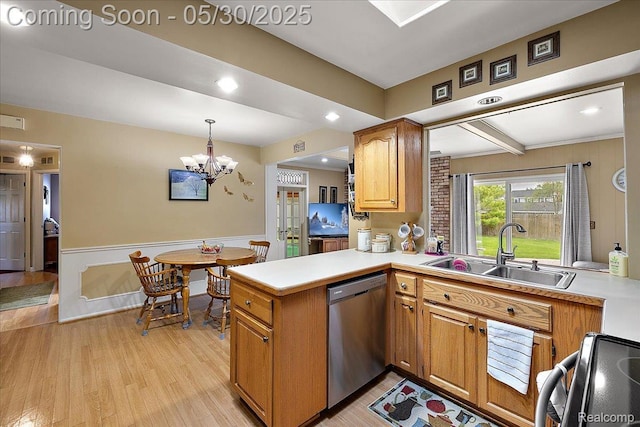 7188 Vicksburg Cir, Shelby Twp, MI 48317 - kitchen with stainless steel dishwasher, a sink, stove, a peninsula, and light countertops