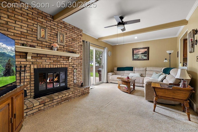 7188 Vicksburg Cir, Shelby Twp, MI 48317 - living area featuring carpet flooring, beamed ceiling, a ceiling fan, a fireplace, and ornamental molding