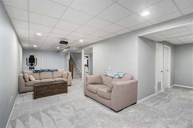 9490 N 12th St, Kalamazoo, MI 49009 - carpeted living room with stairway, baseboards, a drop ceiling, and recessed lighting