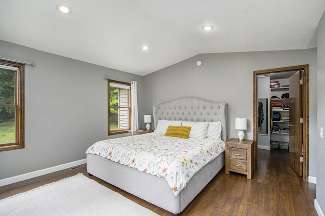 9490 N 12th St, Kalamazoo, MI 49009 - bedroom featuring a spacious closet, dark wood finished floors, baseboards, recessed lighting, and vaulted ceiling