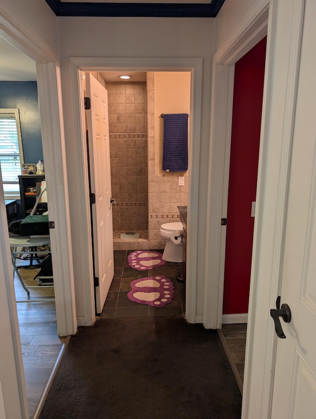 6919 Abrahamson Rd, Ludington, MI 49431 - corridor featuring dark tile patterned flooring