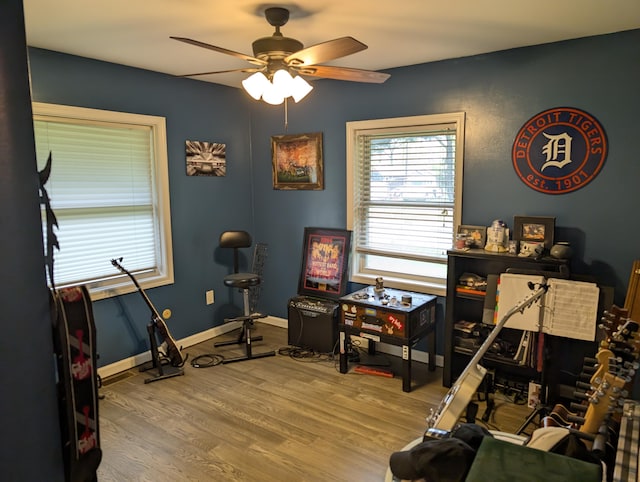 6919 Abrahamson Rd, Ludington, MI 49431 - office space featuring ceiling fan, wood finished floors, and baseboards