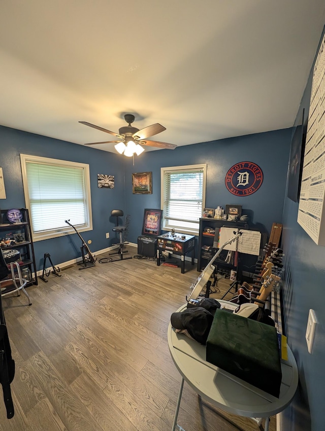6919 Abrahamson Rd, Ludington, MI 49431 - home office with ceiling fan, wood finished floors, and baseboards