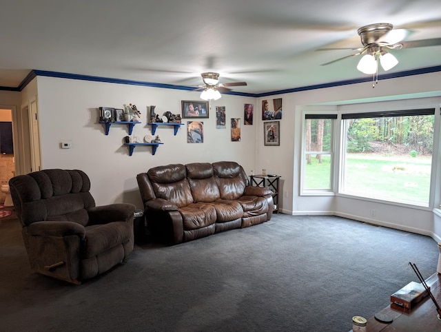 6919 Abrahamson Rd, Ludington, MI 49431 - living area featuring ceiling fan, carpet flooring, baseboards, and ornamental molding