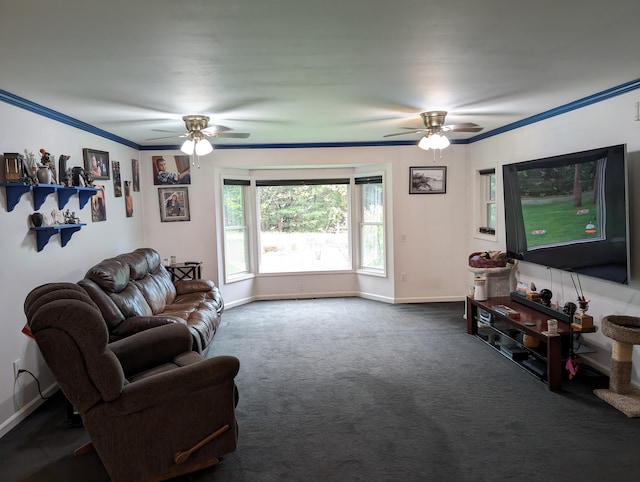 6919 Abrahamson Rd, Ludington, MI 49431 - carpeted living room with ceiling fan, baseboards, and crown molding