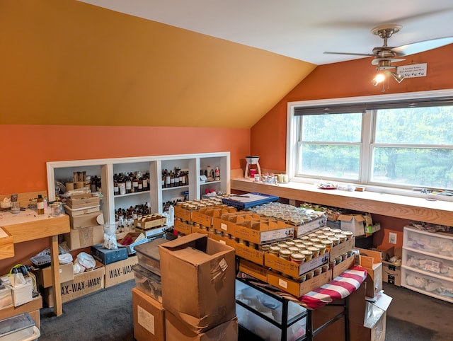 6919 Abrahamson Rd, Ludington, MI 49431 - miscellaneous room with carpet flooring, ceiling fan, and vaulted ceiling