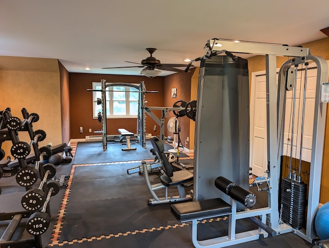 6919 Abrahamson Rd, Ludington, MI 49431 - exercise room featuring ceiling fan