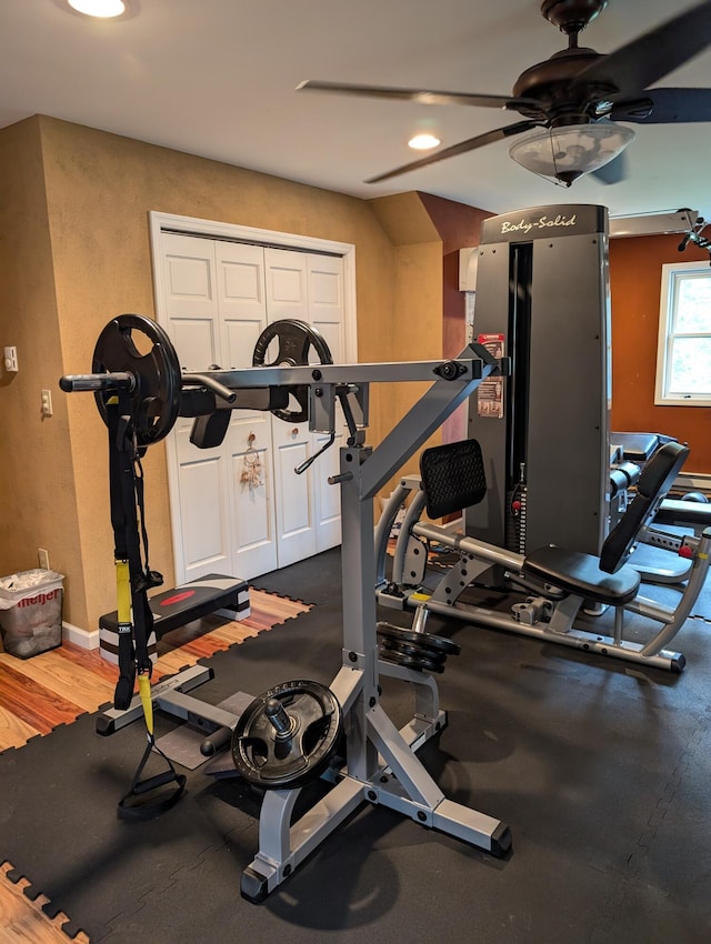 6919 Abrahamson Rd, Ludington, MI 49431 - exercise room with ceiling fan, recessed lighting, and wood finished floors