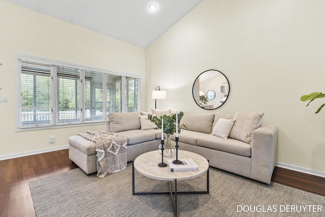 7470 Parmalee Rd, Middleville, MI 49333 - living area with baseboards, wood finished floors, and high vaulted ceiling