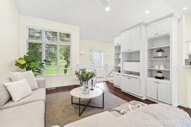 7470 Parmalee Rd, Middleville, MI 49333 - living room with dark wood-style floors, a ceiling fan, and recessed lighting