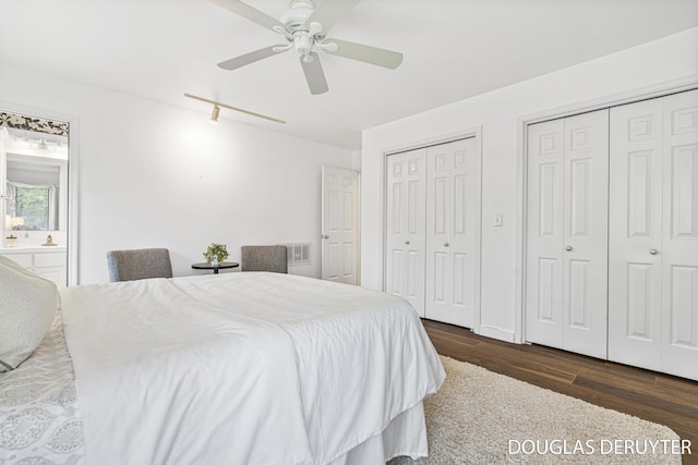 7470 Parmalee Rd, Middleville, MI 49333 - bedroom featuring multiple closets, dark wood finished floors, ceiling fan, and ensuite bathroom
