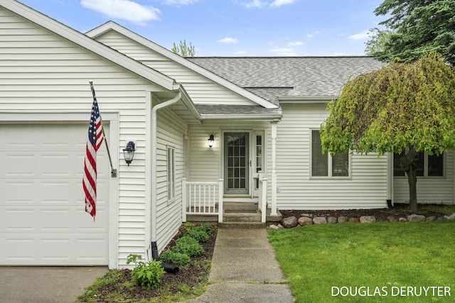 7470 Parmalee Rd, Middleville, MI 49333 - doorway to property with a shingled roof, an attached garage, and a yard