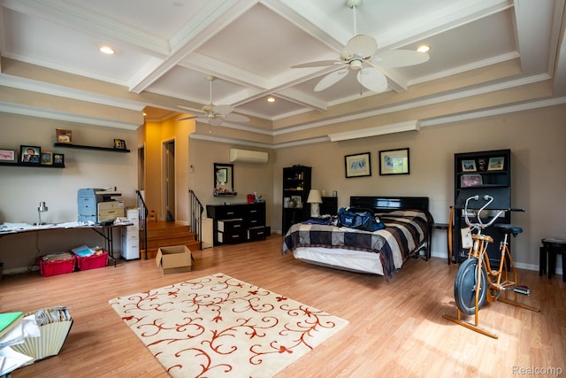 622 Sunningdale Dr, Grosse Pointe Woods, MI 48236 - bedroom featuring a wall mounted AC, wood finished floors, crown molding, coffered ceiling, and beam ceiling