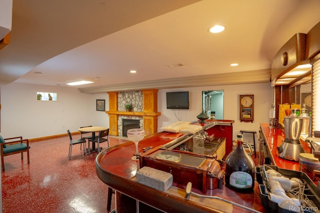622 Sunningdale Dr, Grosse Pointe Woods, MI 48236 - game room featuring baseboards, a stone fireplace, and recessed lighting