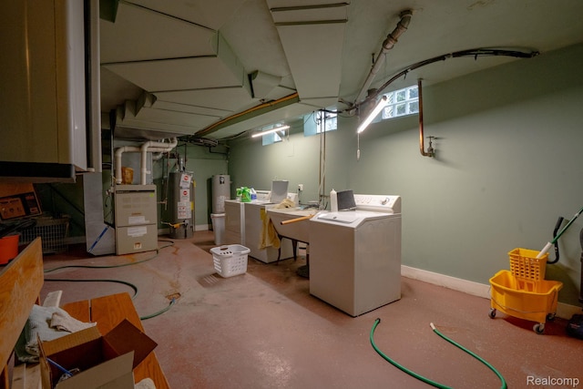 622 Sunningdale Dr, Grosse Pointe Woods, MI 48236 - basement featuring washer and dryer, water heater, baseboards, and heating unit