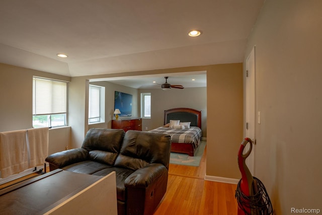 622 Sunningdale Dr, Grosse Pointe Woods, MI 48236 - bedroom with light wood finished floors, baseboards, recessed lighting, and a ceiling fan