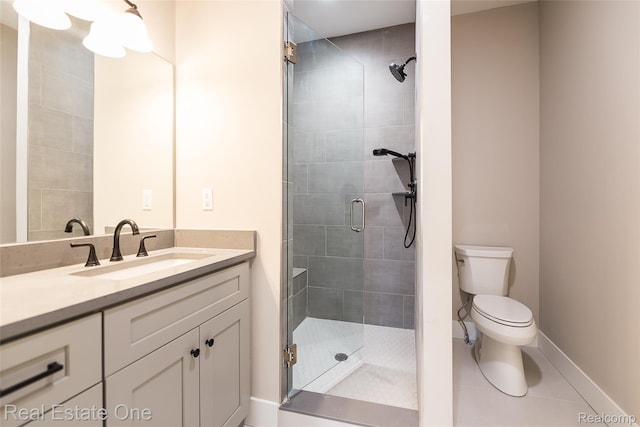 527 Indian Oaks Dr, Howell, MI 48843 - bathroom with toilet, a stall shower, vanity, tile patterned flooring, and baseboards