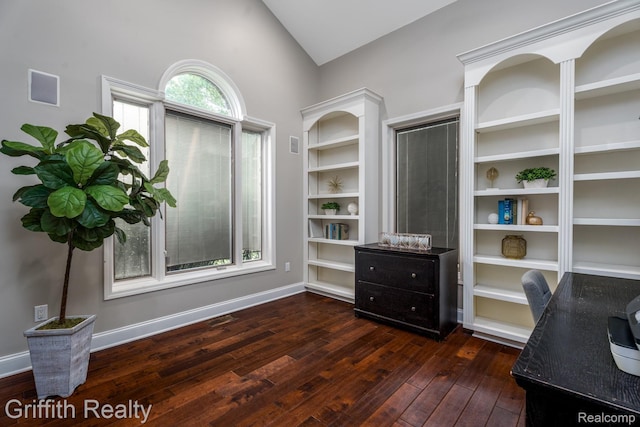 1804 Morgan Lake Ct, Brighton, MI 48114 - home office with dark wood-style flooring, lofted ceiling, and baseboards