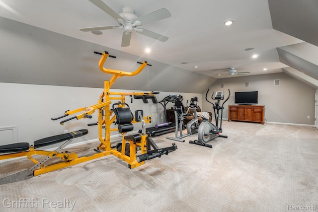 1804 Morgan Lake Ct, Brighton, MI 48114 - workout area featuring a ceiling fan, carpet flooring, lofted ceiling, recessed lighting, and baseboards