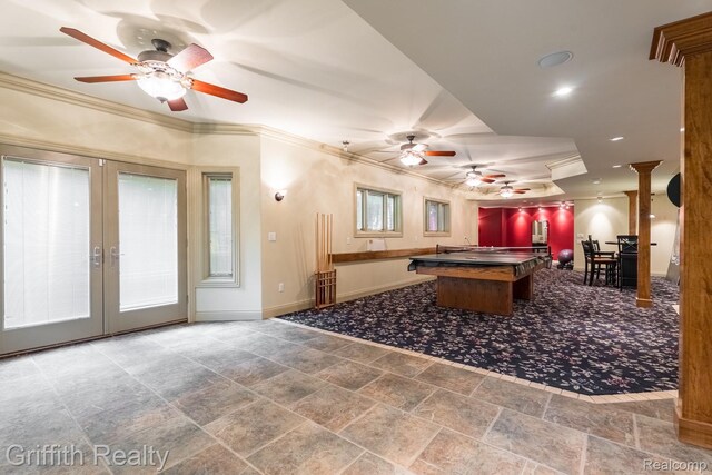 1804 Morgan Lake Ct, Brighton, MI 48114 - playroom with ceiling fan, baseboards, crown molding, stone finish flooring, and french doors