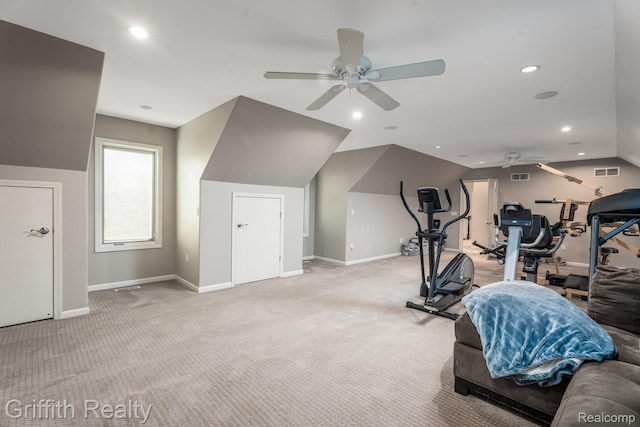 1804 Morgan Lake Ct, Brighton, MI 48114 - workout area with a ceiling fan, baseboards, light carpet, recessed lighting, and lofted ceiling