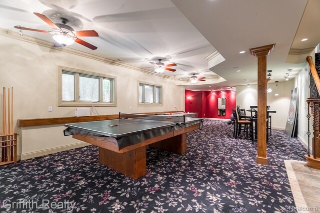 1804 Morgan Lake Ct, Brighton, MI 48114 - rec room with ceiling fan, carpet, crown molding, decorative columns, and baseboards