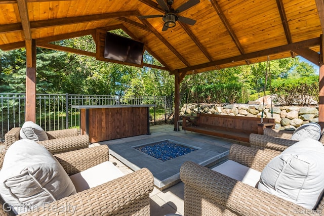 1804 Morgan Lake Ct, Brighton, MI 48114 - view of patio with ceiling fan, a gazebo, and an outdoor living space with a fire pit