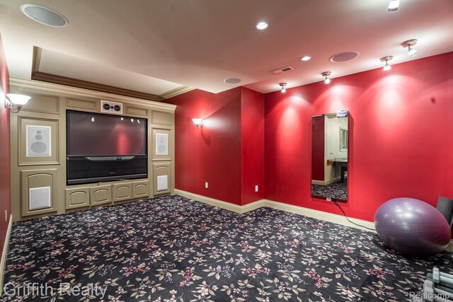 1804 Morgan Lake Ct, Brighton, MI 48114 - home theater room featuring carpet flooring, baseboards, ornamental molding, and recessed lighting