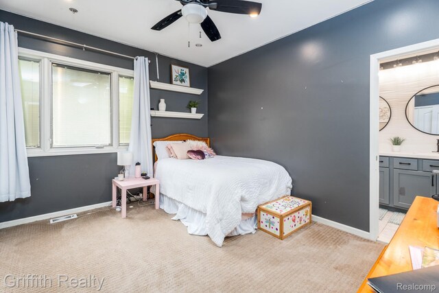 1804 Morgan Lake Ct, Brighton, MI 48114 - bedroom featuring ensuite bath, baseboards, light carpet, and a ceiling fan