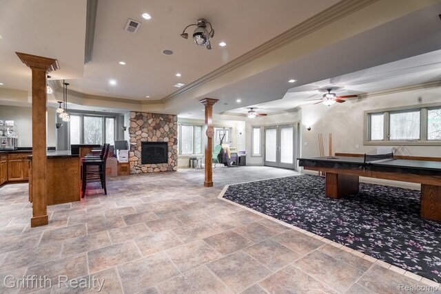 1804 Morgan Lake Ct, Brighton, MI 48114 - playroom featuring decorative columns, ornamental molding, a ceiling fan, stone tile flooring, and recessed lighting