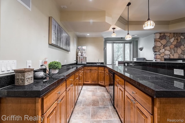 1804 Morgan Lake Ct, Brighton, MI 48114 - kitchen with stone finish flooring, brown cabinetry, dishwasher, hanging light fixtures, and dark stone countertops