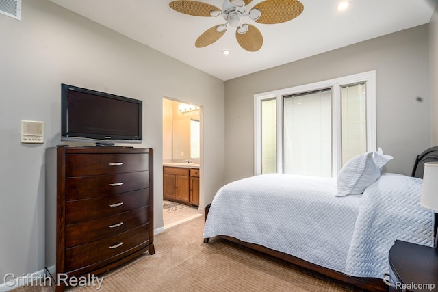 1804 Morgan Lake Ct, Brighton, MI 48114 - bedroom featuring light carpet, ensuite bath, recessed lighting, and a ceiling fan