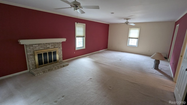 28532 Perryville Way, Farmington Hills, MI 48331 - unfurnished living room with a ceiling fan, carpet floors, crown molding, and a brick fireplace