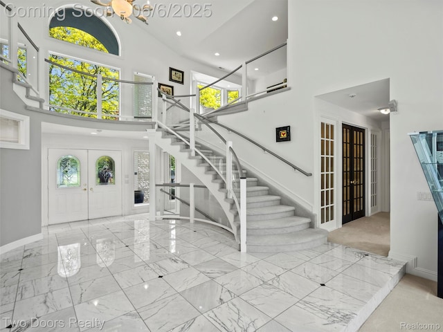 532 Shrewsbury Dr, Clarkston, MI 48348 - foyer featuring a high ceiling, stairway, baseboards, recessed lighting, and marble finish flooring