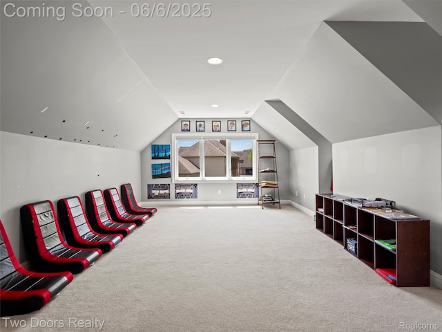 532 Shrewsbury Dr, Clarkston, MI 48348 - playroom featuring carpet floors, vaulted ceiling, baseboards, and recessed lighting