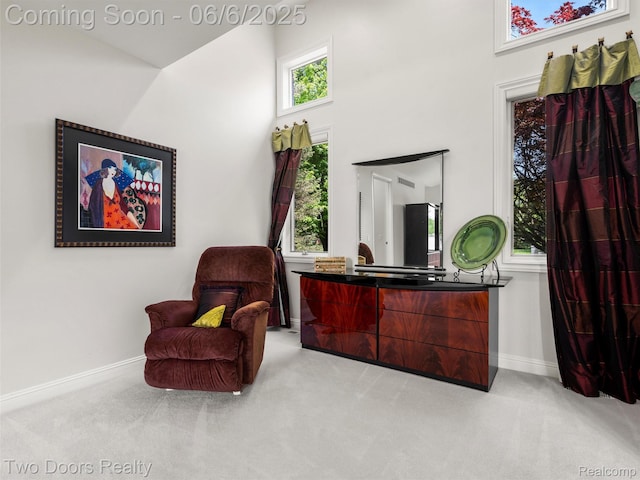 532 Shrewsbury Dr, Clarkston, MI 48348 - sitting room with a towering ceiling, baseboards, and carpet flooring