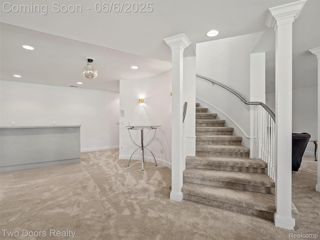532 Shrewsbury Dr, Clarkston, MI 48348 - staircase with ornate columns, carpet, recessed lighting, and baseboards