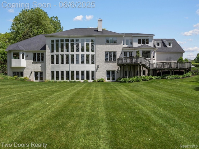 532 Shrewsbury Dr, Clarkston, MI 48348 - back of house featuring french doors, a yard, a chimney, and a wooden deck