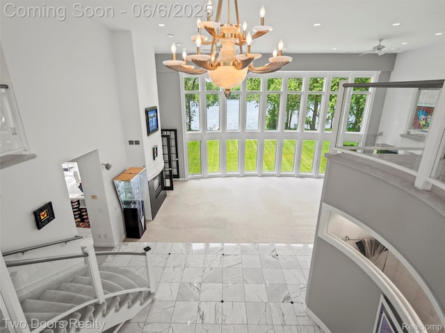 532 Shrewsbury Dr, Clarkston, MI 48348 - interior space with a chandelier, recessed lighting, ceiling fan, and a water view