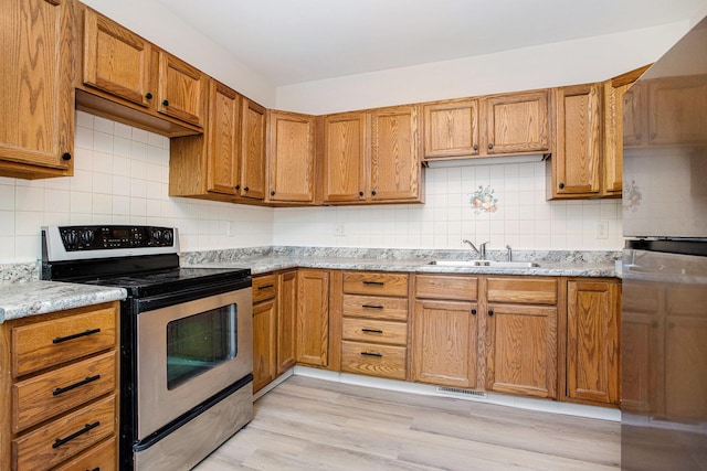40 Eldredge St, Battle Creek, MI 49037 - kitchen featuring stainless steel range with electric cooktop, a sink, and brown cabinets