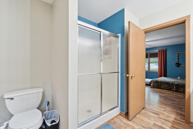 123 N F St, Trufant, MI 49347 - ensuite bathroom featuring a stall shower, wood finished floors, and toilet