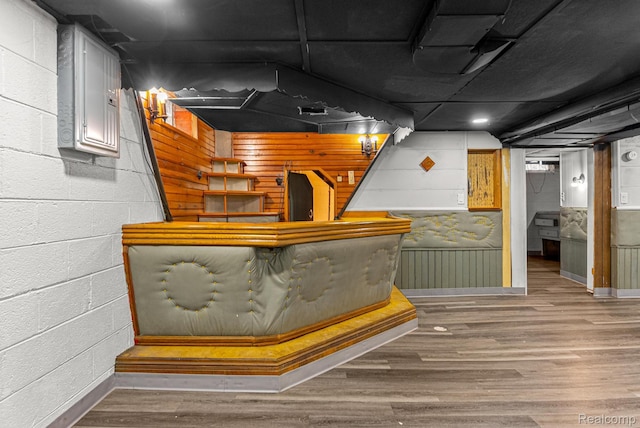 1860 Moran Ave, Lincoln Park, MI 48146 - indoor dry bar with wood finished floors, baseboards, and concrete block wall