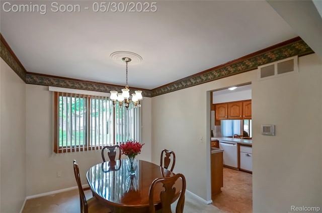 13936 Grove Park Dr, Sterling Heights, MI 48313 - dining area featuring a chandelier, baseboards, light colored carpet, and crown molding