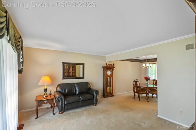 13936 Grove Park Dr, Sterling Heights, MI 48313 - carpeted living area with ornamental molding, a chandelier, and baseboards