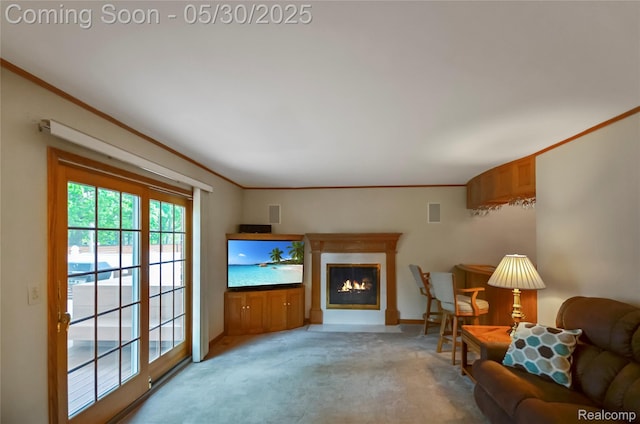 13936 Grove Park Dr, Sterling Heights, MI 48313 - living room with light colored carpet, ornamental molding, a glass covered fireplace, and baseboards