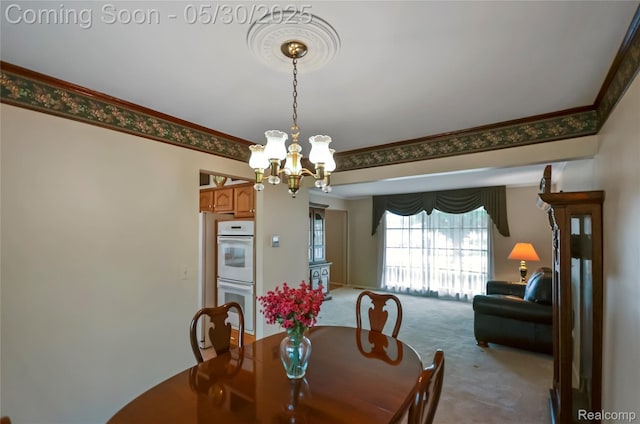 13936 Grove Park Dr, Sterling Heights, MI 48313 - dining room with light carpet, a chandelier, and crown molding