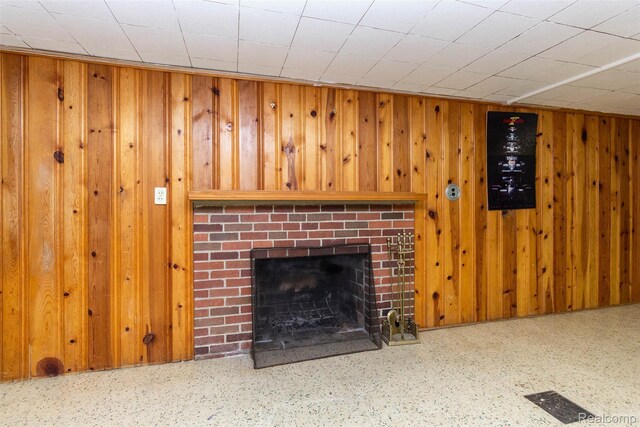 20550 Fairway Ln, Grosse Pointe Woods, MI 48236 - unfurnished living room with a brick fireplace and wooden walls
