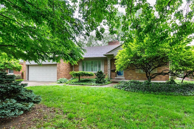 20550 Fairway Ln, Grosse Pointe Woods, MI 48236 - view of front of property featuring brick siding, a garage, a front lawn, a chimney, and driveway