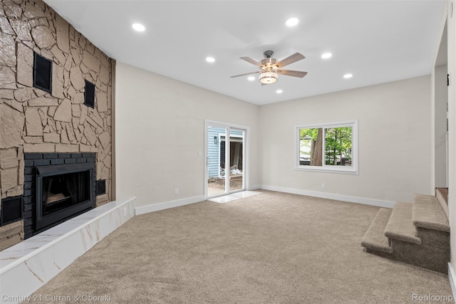 6262 Garden Ct, Warren, MI 48091 - unfurnished living room featuring a fireplace, carpet, a ceiling fan, recessed lighting, and baseboards