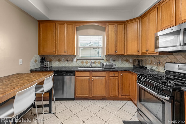5410 Argyle St, Dearborn, MI 48126 - kitchen featuring appliances with stainless steel finishes, a sink, brown cabinets, and decorative backsplash